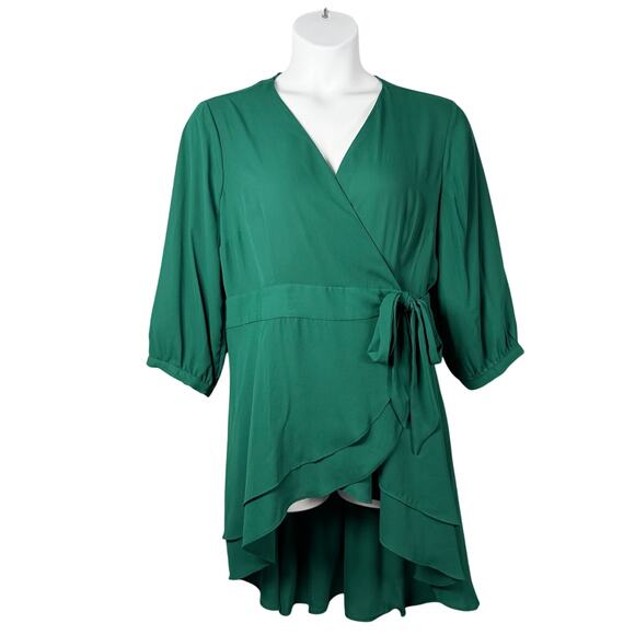 Torrid Top Womens 2X 18-20 Emerald Green Georgette Wrap Surplice Tunic Babydoll - Picture 1 of 16